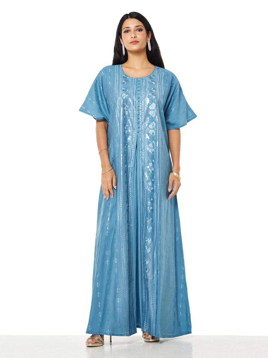 Blue Embroidered A-Line Maxi Jalabiya