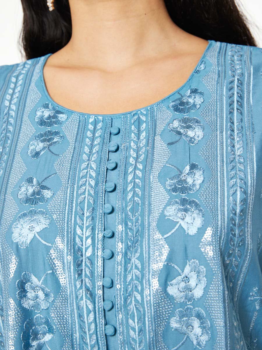 Blue Embroidered A-Line Maxi Jalabiya