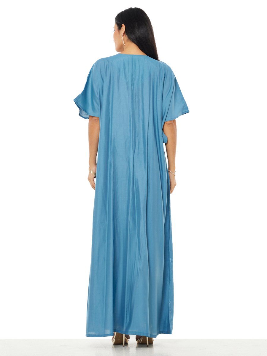 Blue Embroidered A-Line Maxi Jalabiya