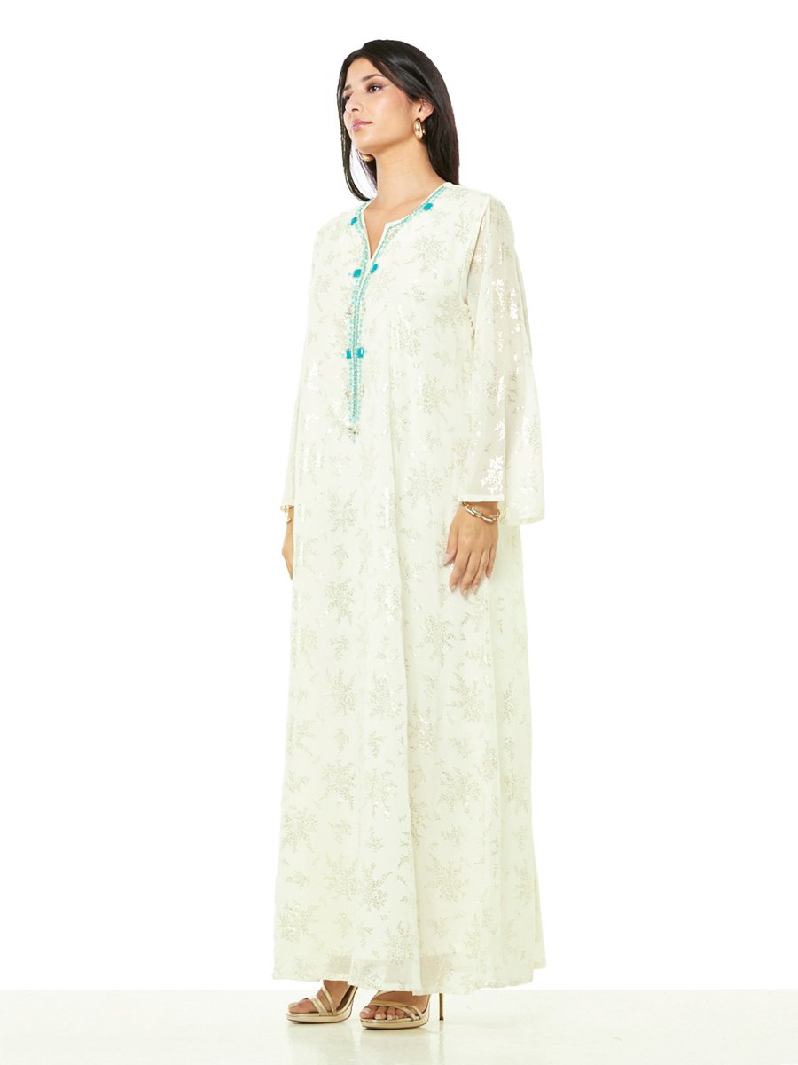 Cream A-Line Maxi Jalabiya with Aqua Embellishment