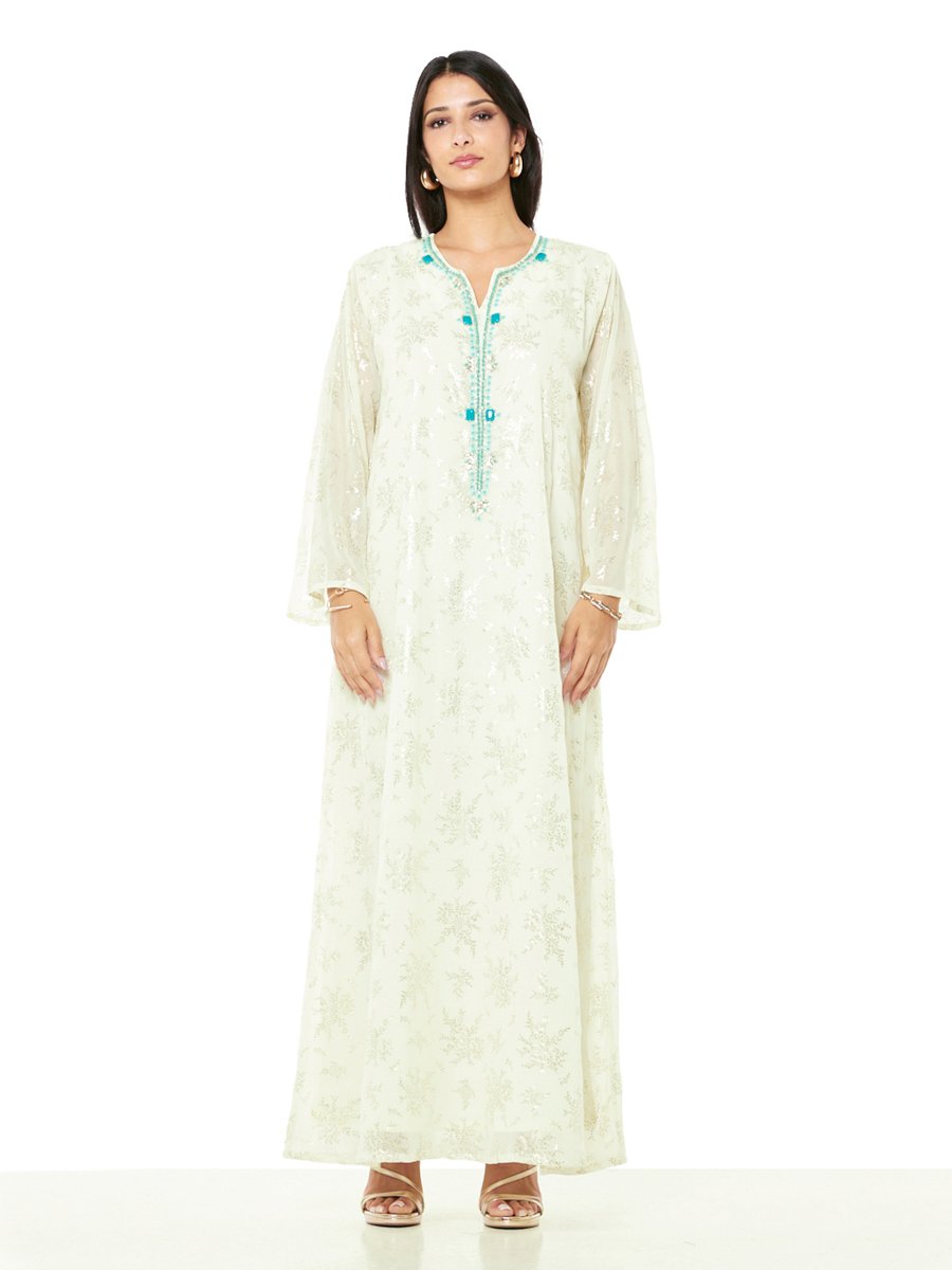 Cream A-Line Maxi Jalabiya with Aqua Embellishment