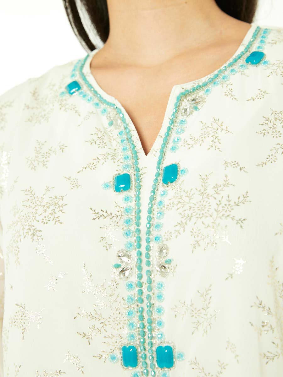 Cream A-Line Maxi Jalabiya with Aqua Embellishment