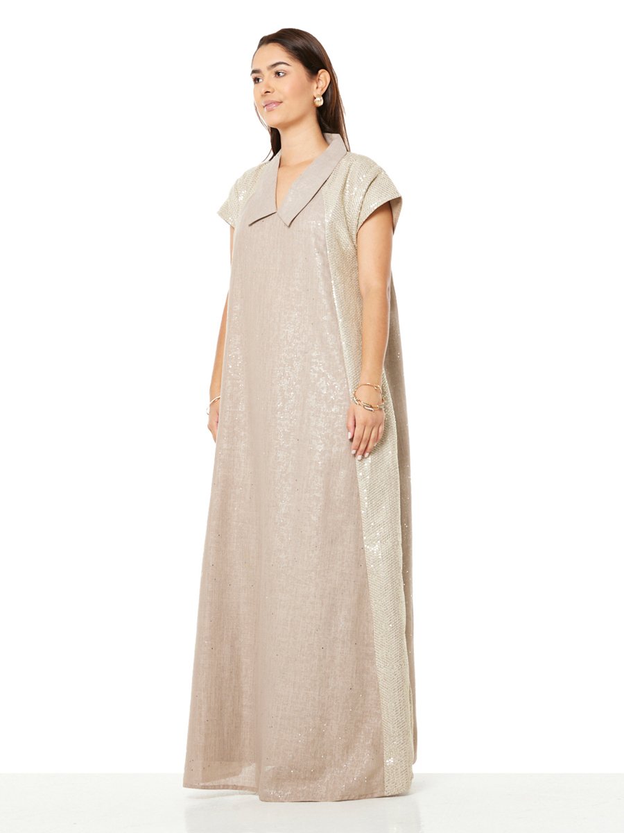 Beige A-Line Maxi Jalabiya with Sequin Panels