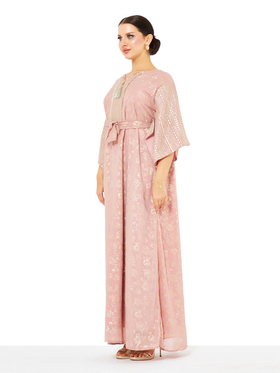 Pink A-Line Maxi Jalabiya with Gold Floral Print
