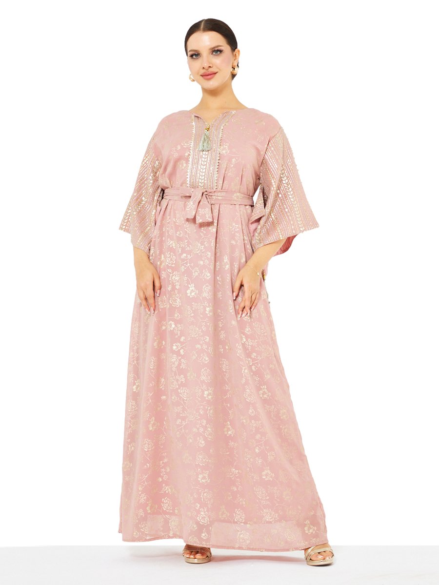 Pink A-Line Maxi Jalabiya with Gold Floral Print