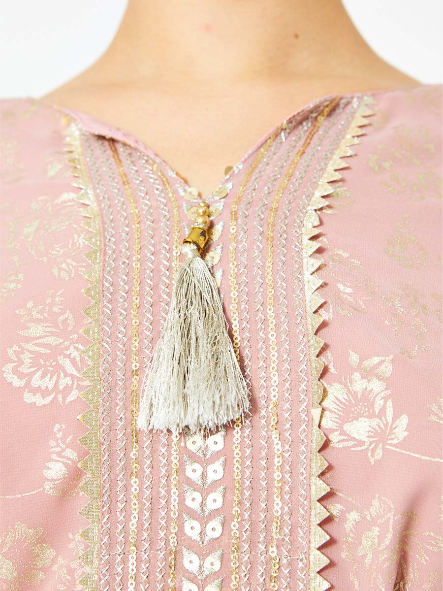 Pink A-Line Maxi Jalabiya with Gold Floral Print