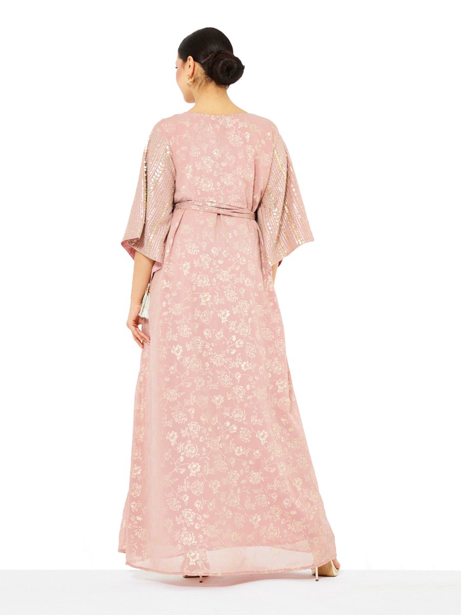 Pink A-Line Maxi Jalabiya with Gold Floral Print