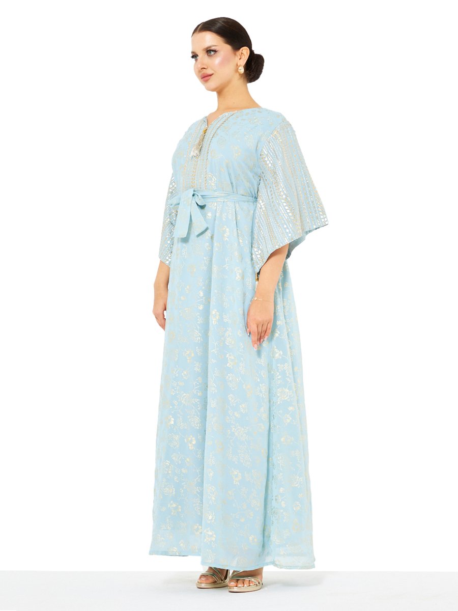 Light Blue A-Line Maxi Jalabiya with Golden Floral Foil