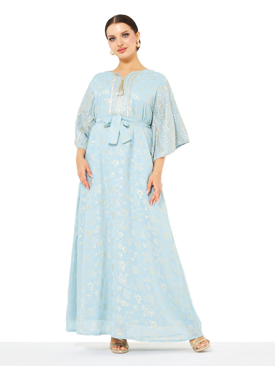 Light Blue A-Line Maxi Jalabiya with Golden Floral Foil