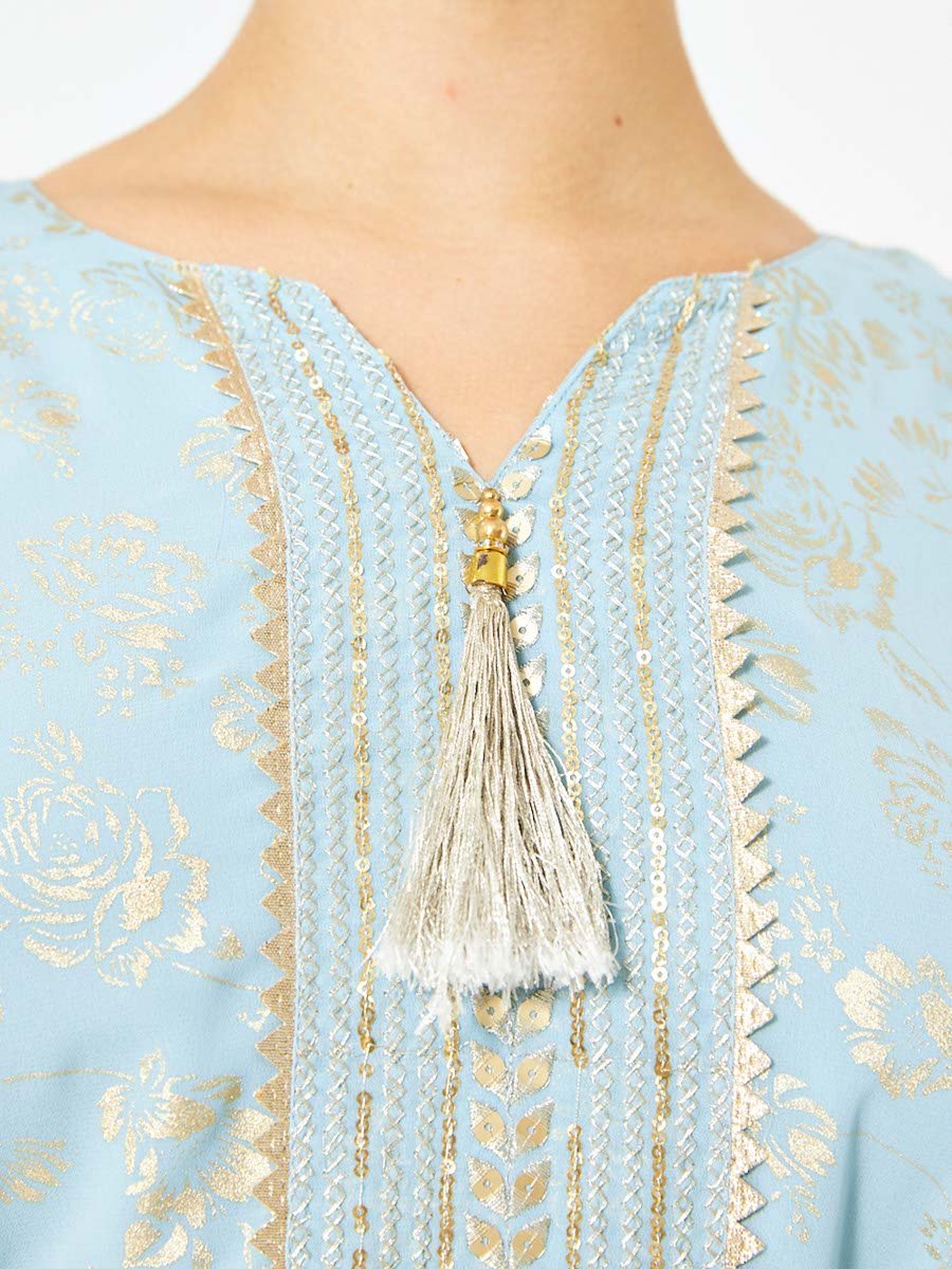 Light Blue A-Line Maxi Jalabiya with Golden Floral Foil