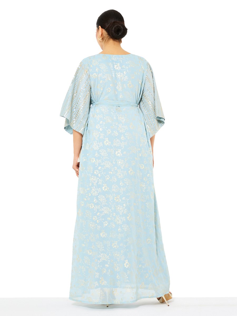 Light Blue A-Line Maxi Jalabiya with Golden Floral Foil