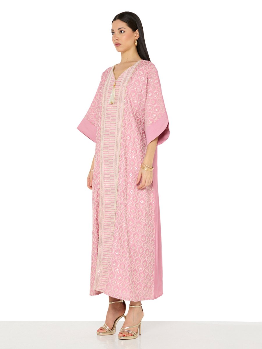 Pink Maxi A-Line Embroidered Jalabiya with Tassel Detail