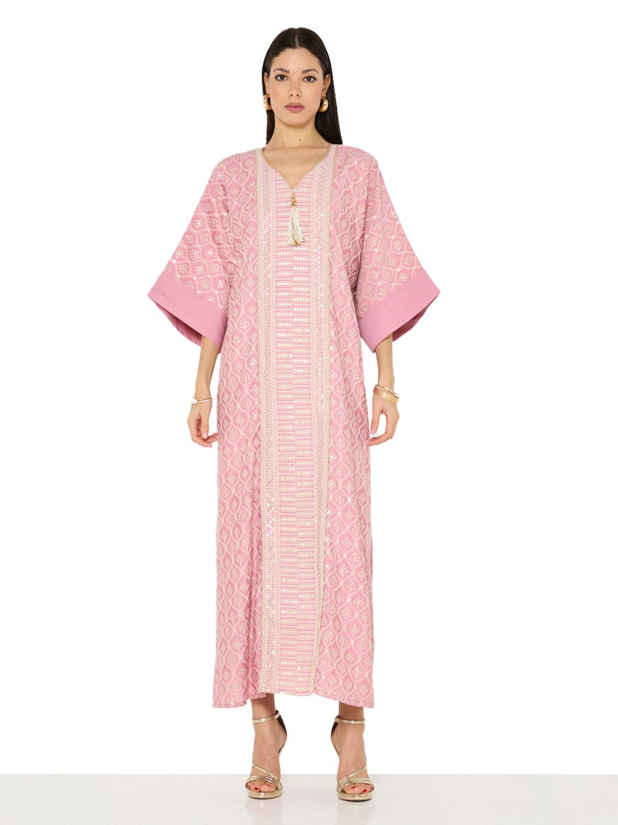 Pink Maxi A-Line Embroidered Jalabiya with Tassel Detail