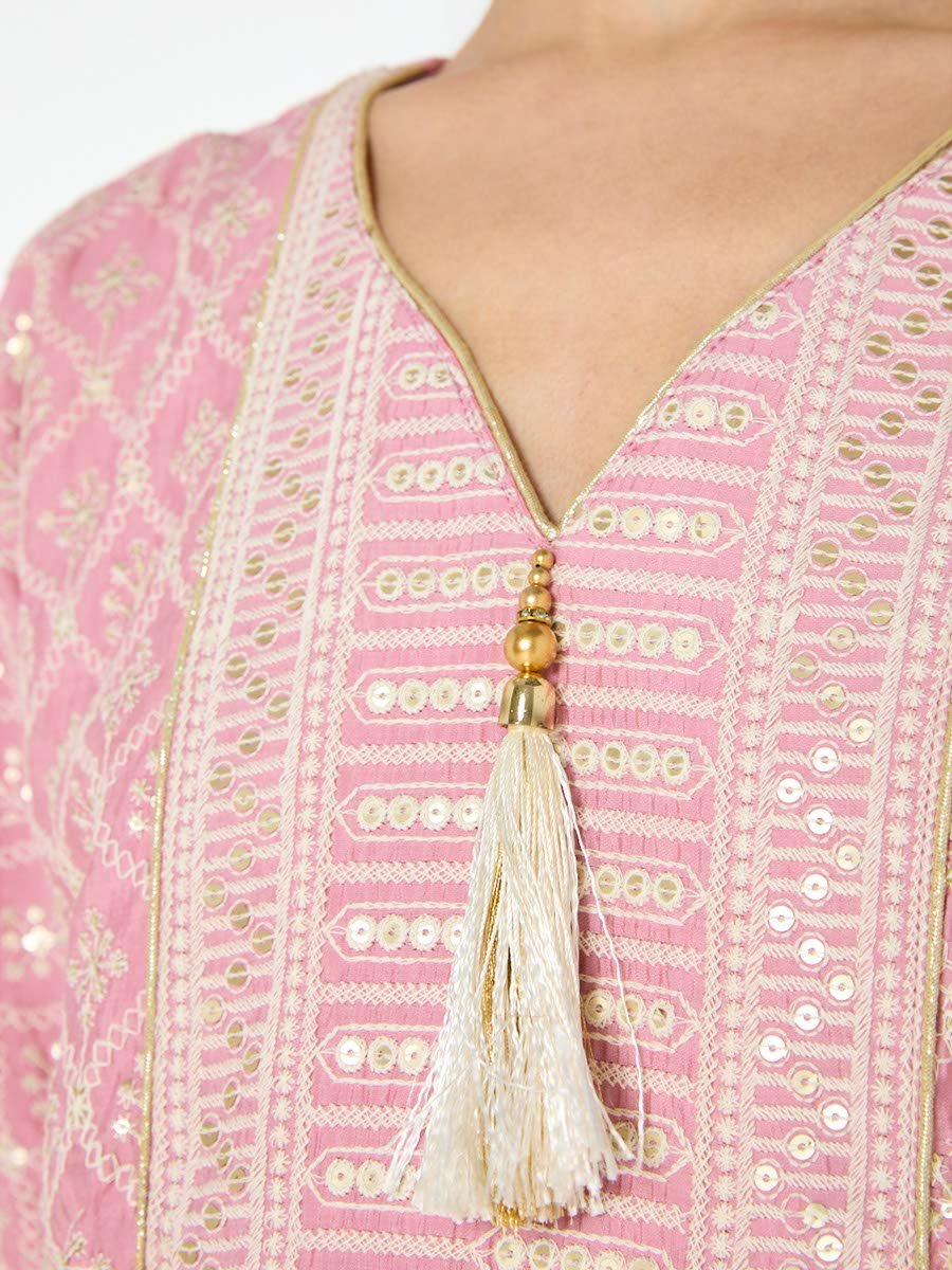 Pink Maxi A-Line Embroidered Jalabiya with Tassel Detail