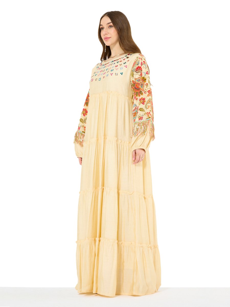 Beige Embroidery Sequin Embellished Maxi Jalabiya