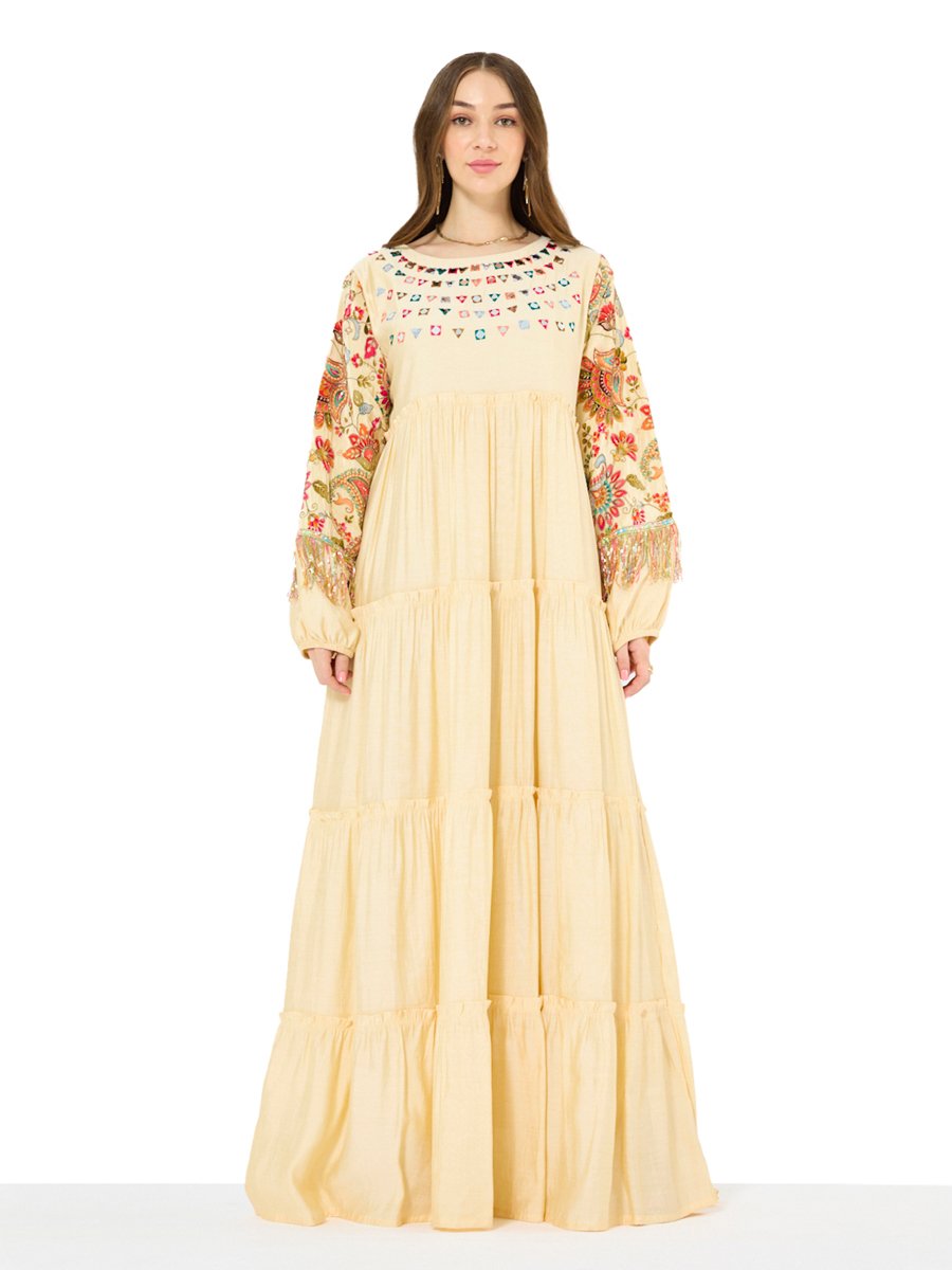 Beige Embroidery Sequin Embellished Maxi Jalabiya