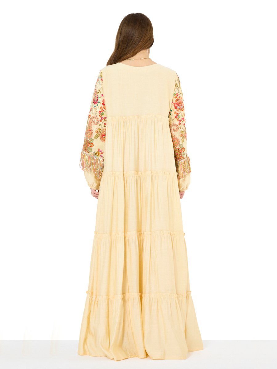 Beige Embroidery Sequin Embellished Maxi Jalabiya