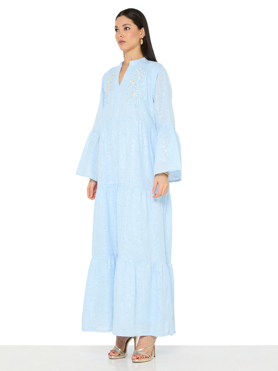 Light Blue Maxi A-Line Embroidered Jalabiya with Bell Sleeves