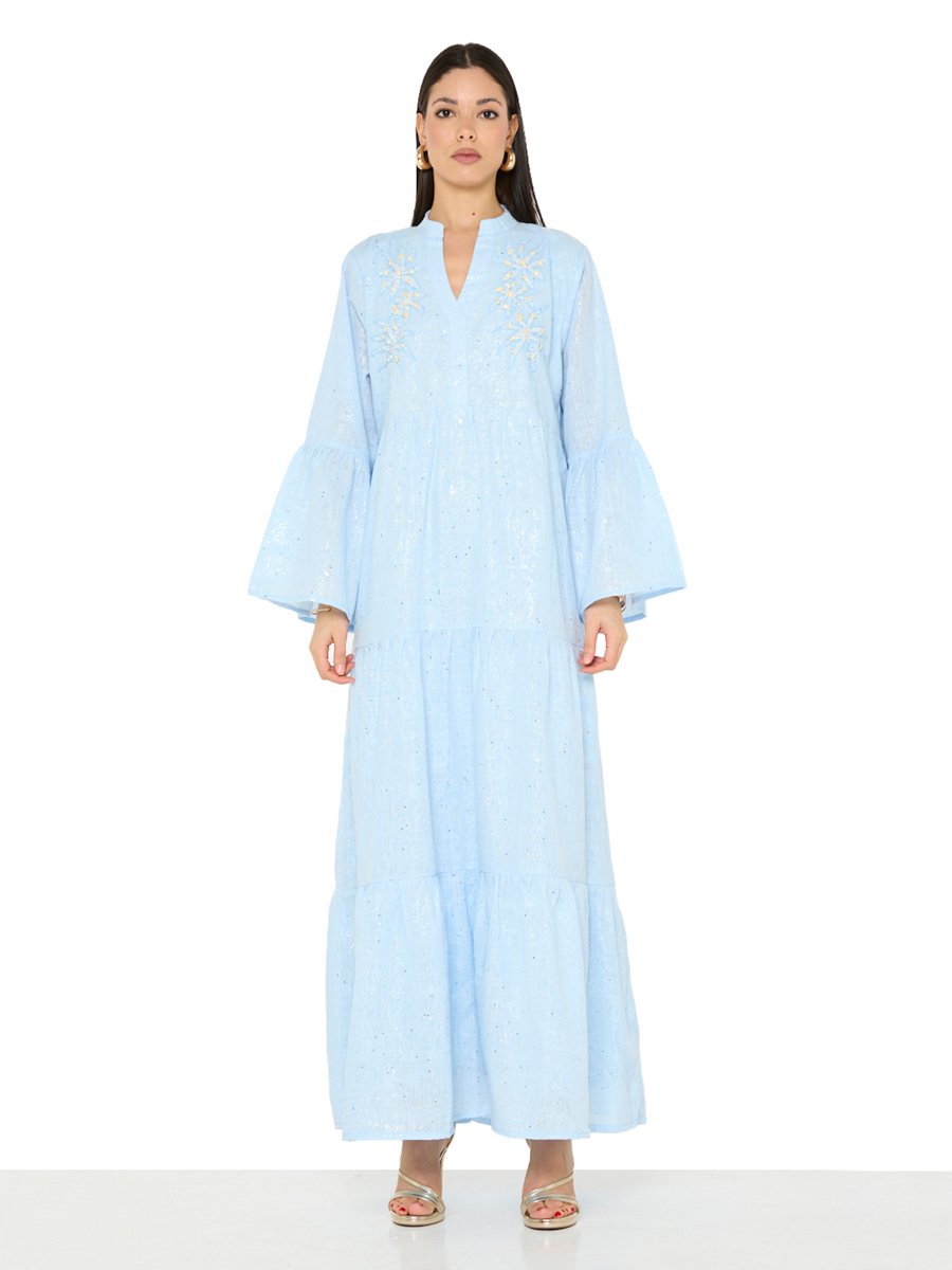 Light Blue Maxi A-Line Embroidered Jalabiya with Bell Sleeves