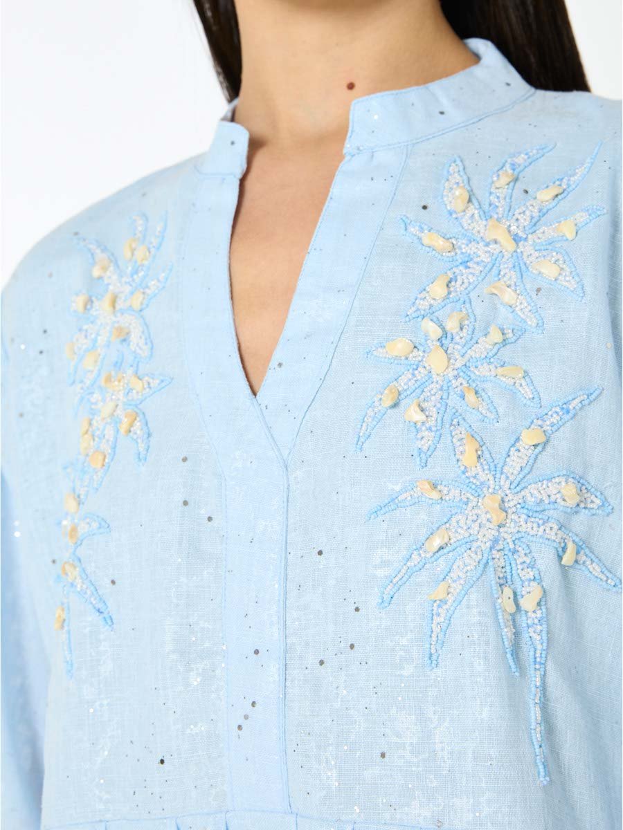 Light Blue Maxi A-Line Embroidered Jalabiya with Bell Sleeves