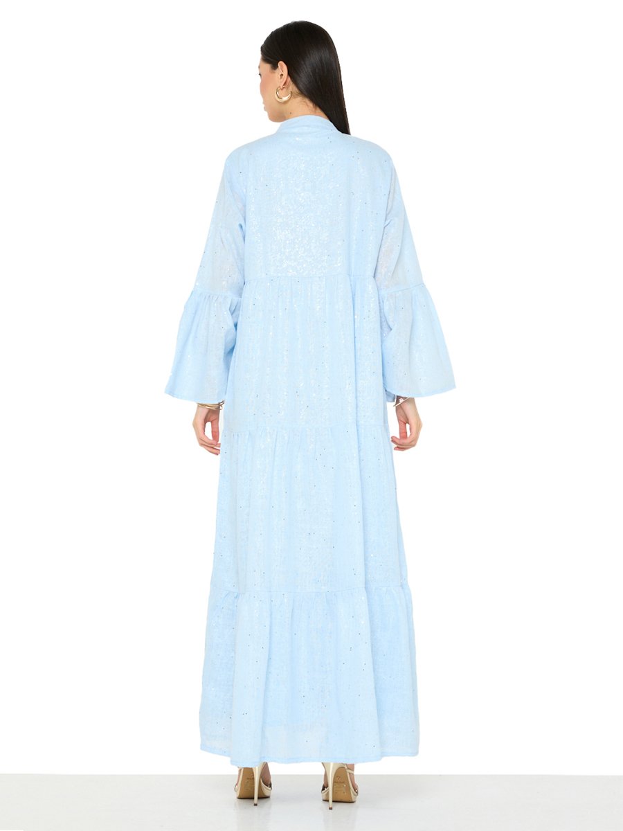 Light Blue Maxi A-Line Embroidered Jalabiya with Bell Sleeves