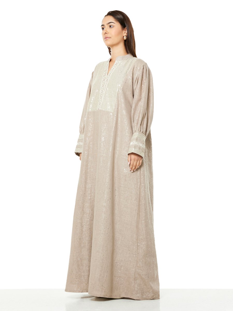 Beige A-Line Maxi Jalabiya with Sequin and Embroidery Detail