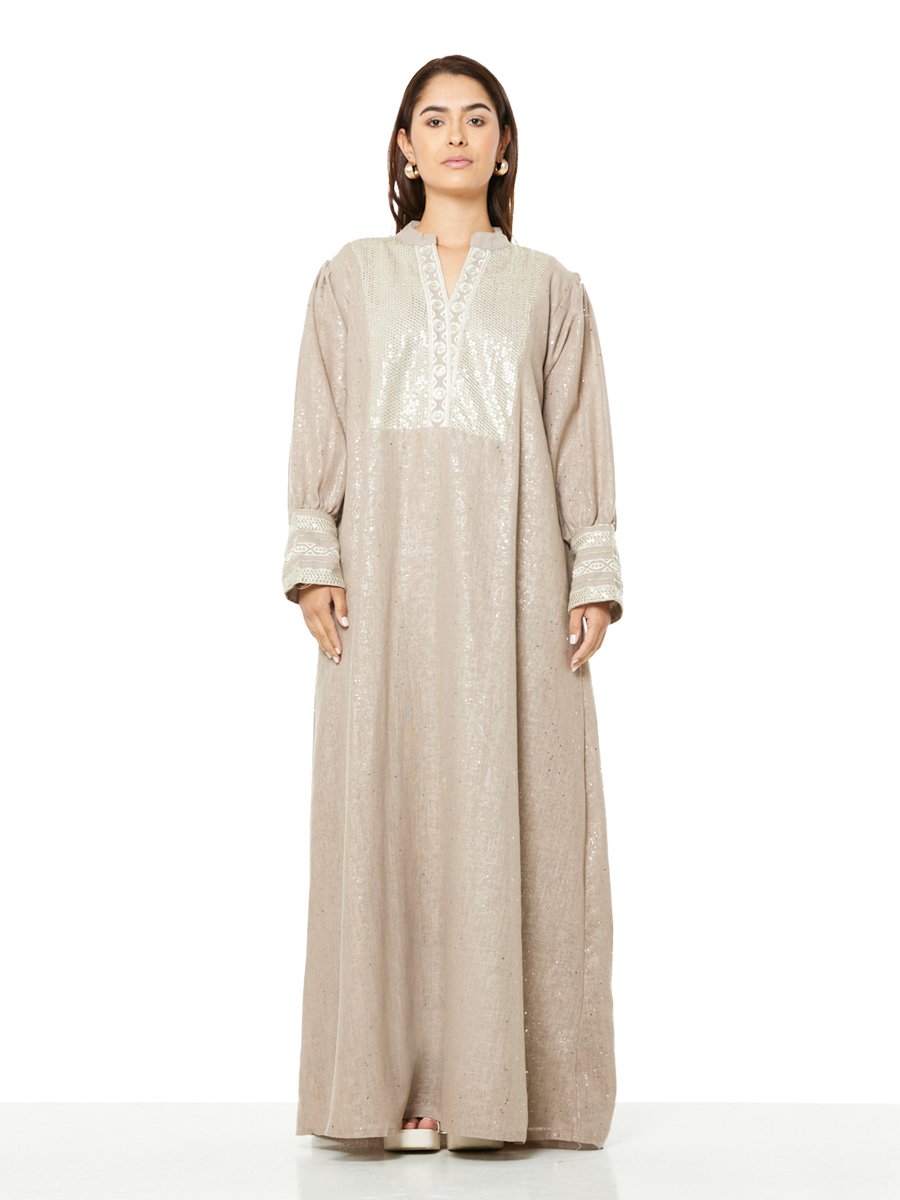 Beige A-Line Maxi Jalabiya with Sequin and Embroidery Detail