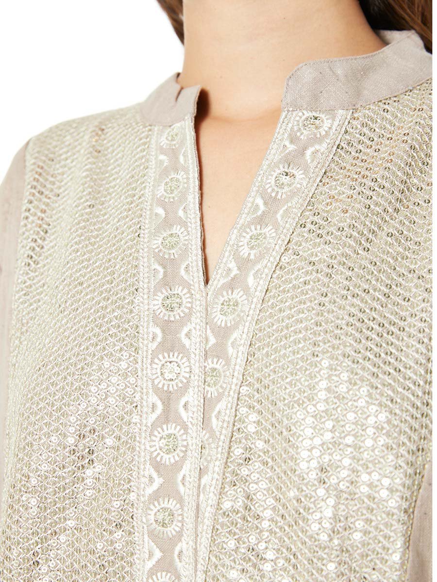 Beige A-Line Maxi Jalabiya with Sequin and Embroidery Detail