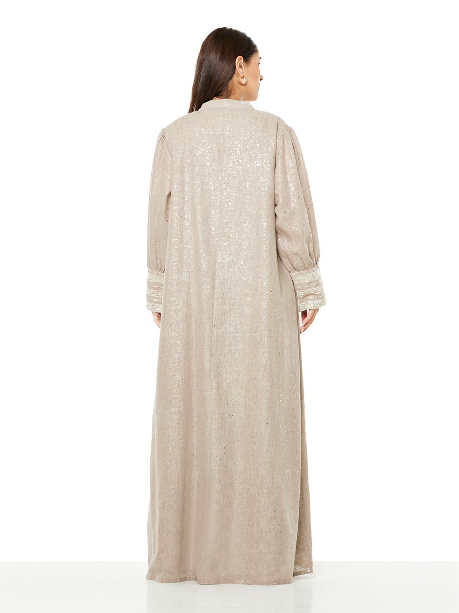 Beige A-Line Maxi Jalabiya with Sequin and Embroidery Detail