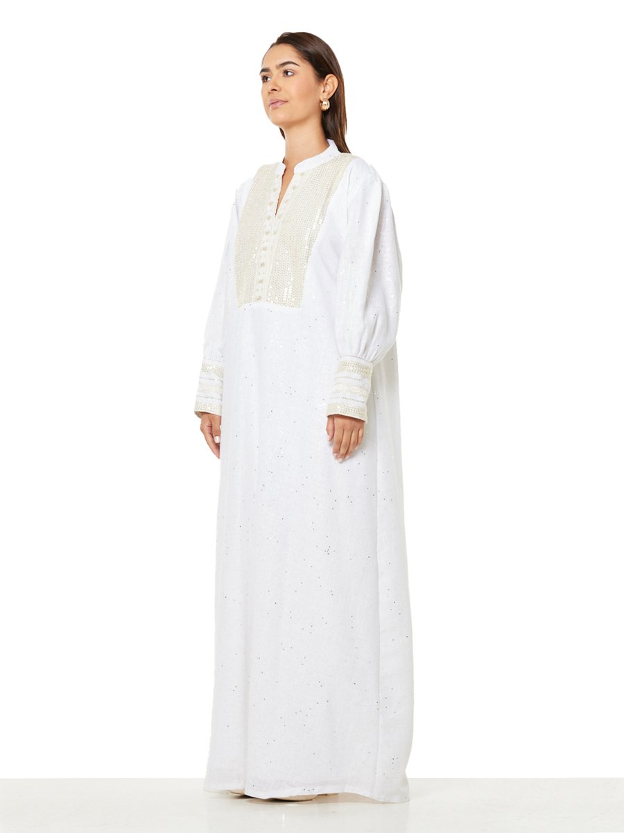White A-Line Maxi Jalabiya with Sequin and Bead Embellishment