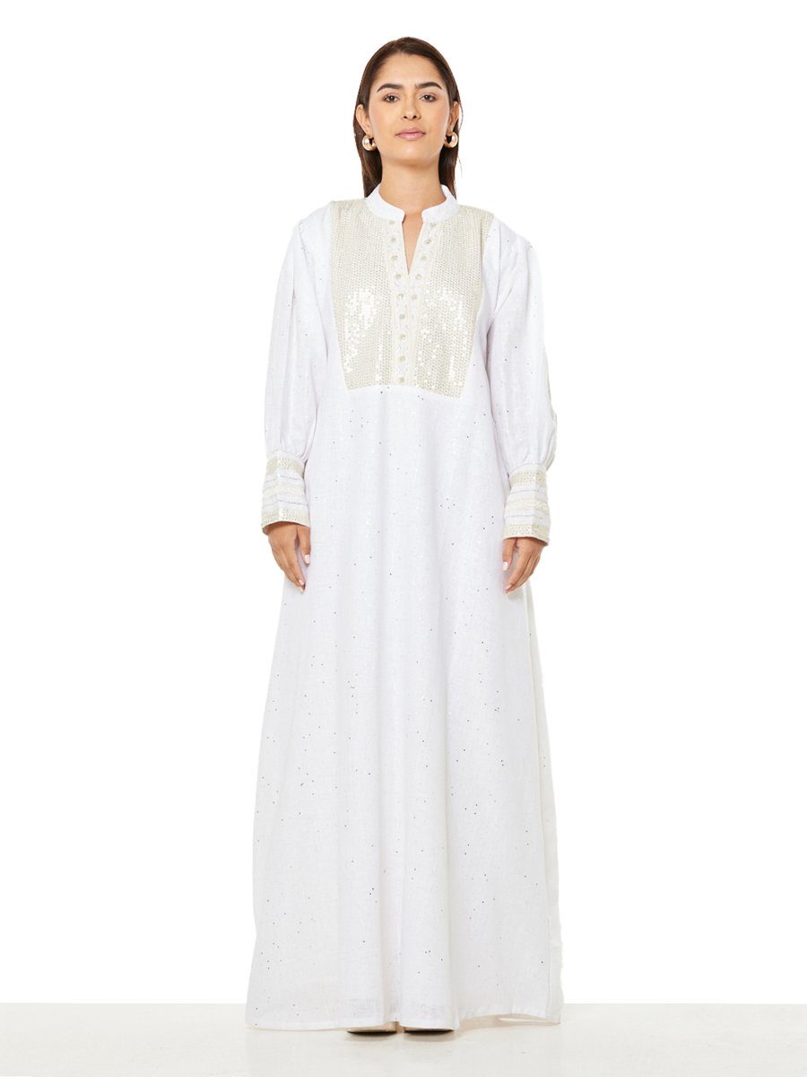 White A-Line Maxi Jalabiya with Sequin and Bead Embellishment
