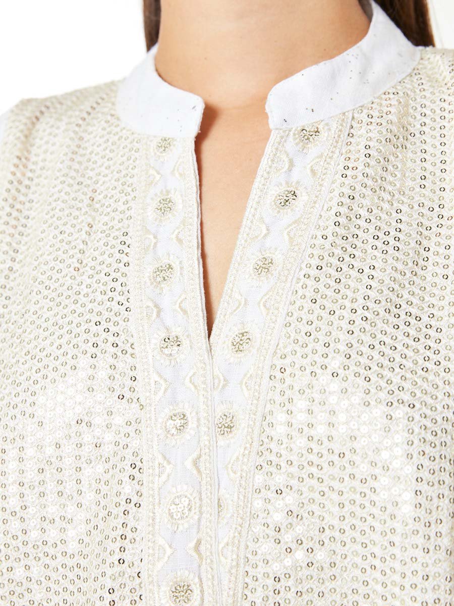White A-Line Maxi Jalabiya with Sequin and Bead Embellishment