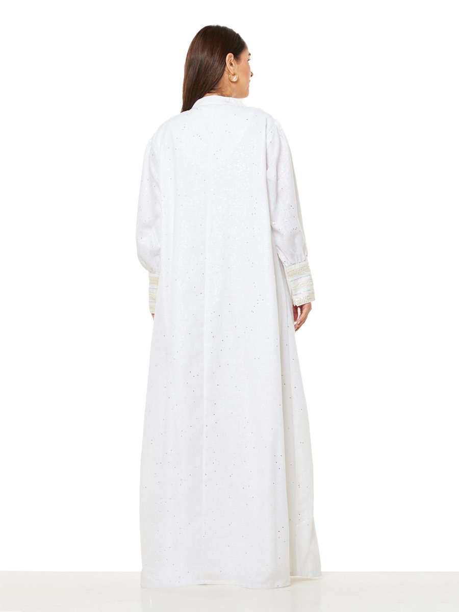 White A-Line Maxi Jalabiya with Sequin and Bead Embellishment
