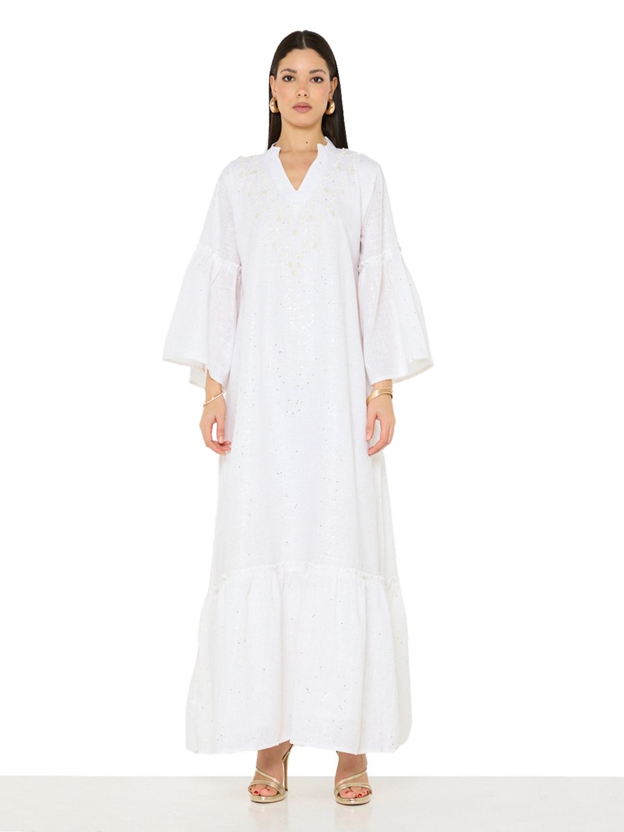 White A-Line Maxi Jalabiya with Pearl Embellishment