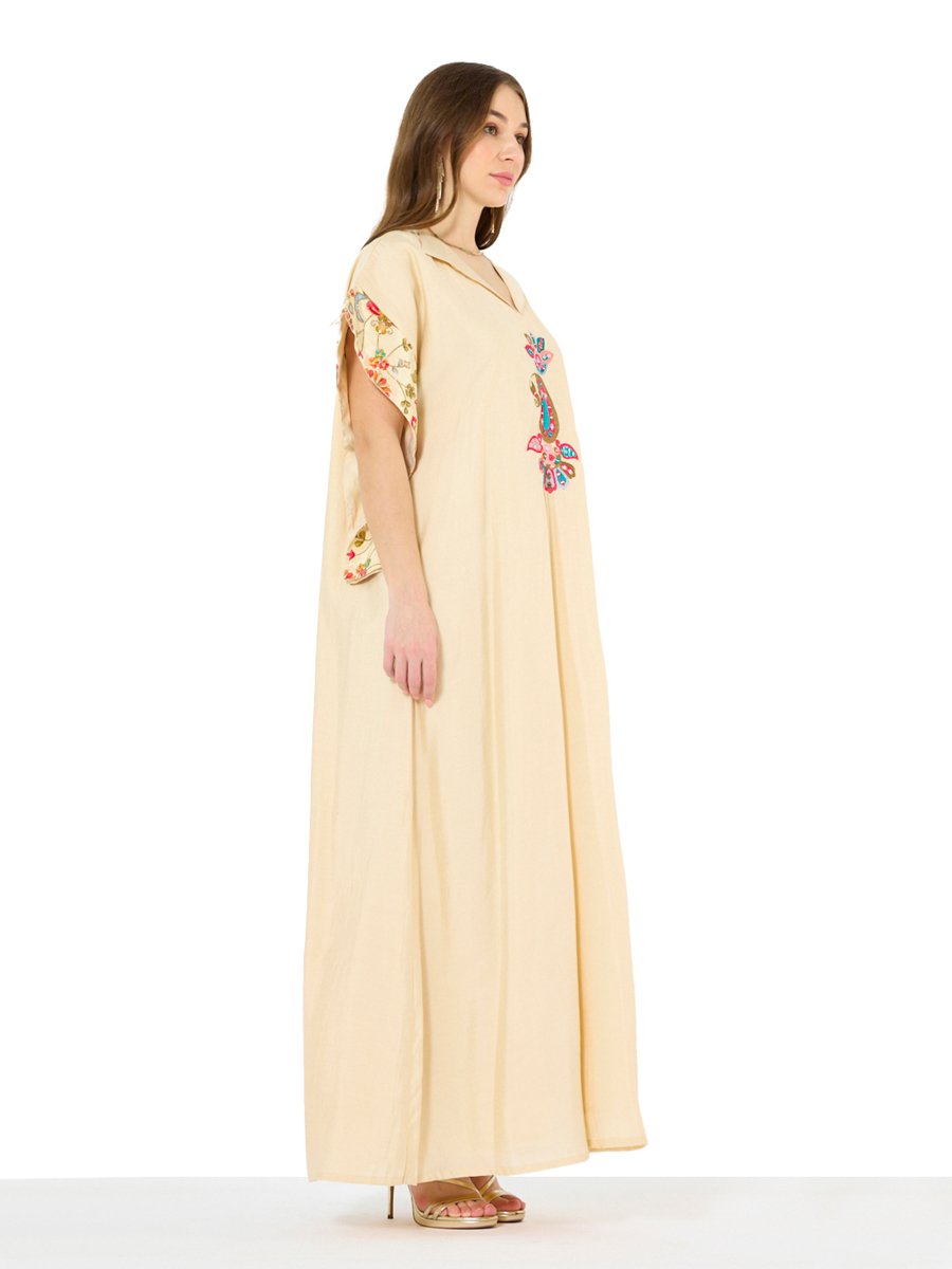 Beige A-Line Maxi Jalabiya with Colorful Embroidery