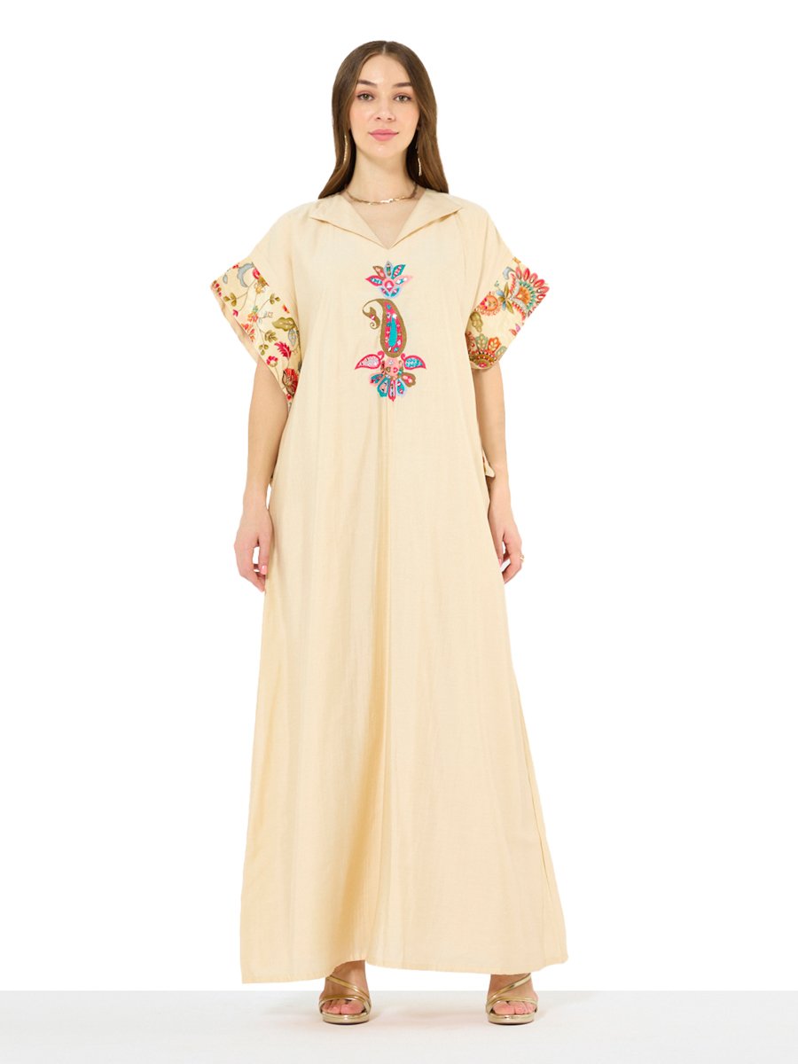 Beige A-Line Maxi Jalabiya with Colorful Embroidery