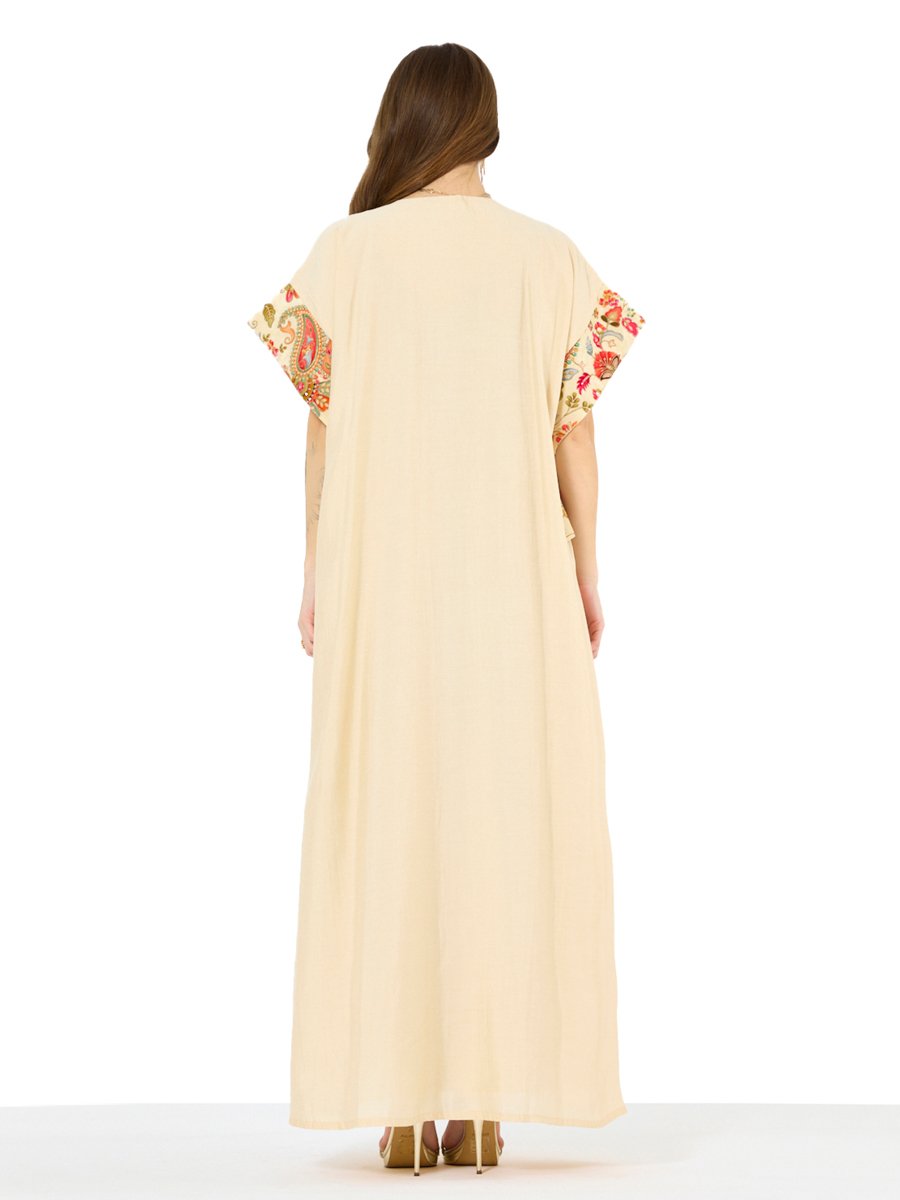 Beige A-Line Maxi Jalabiya with Colorful Embroidery