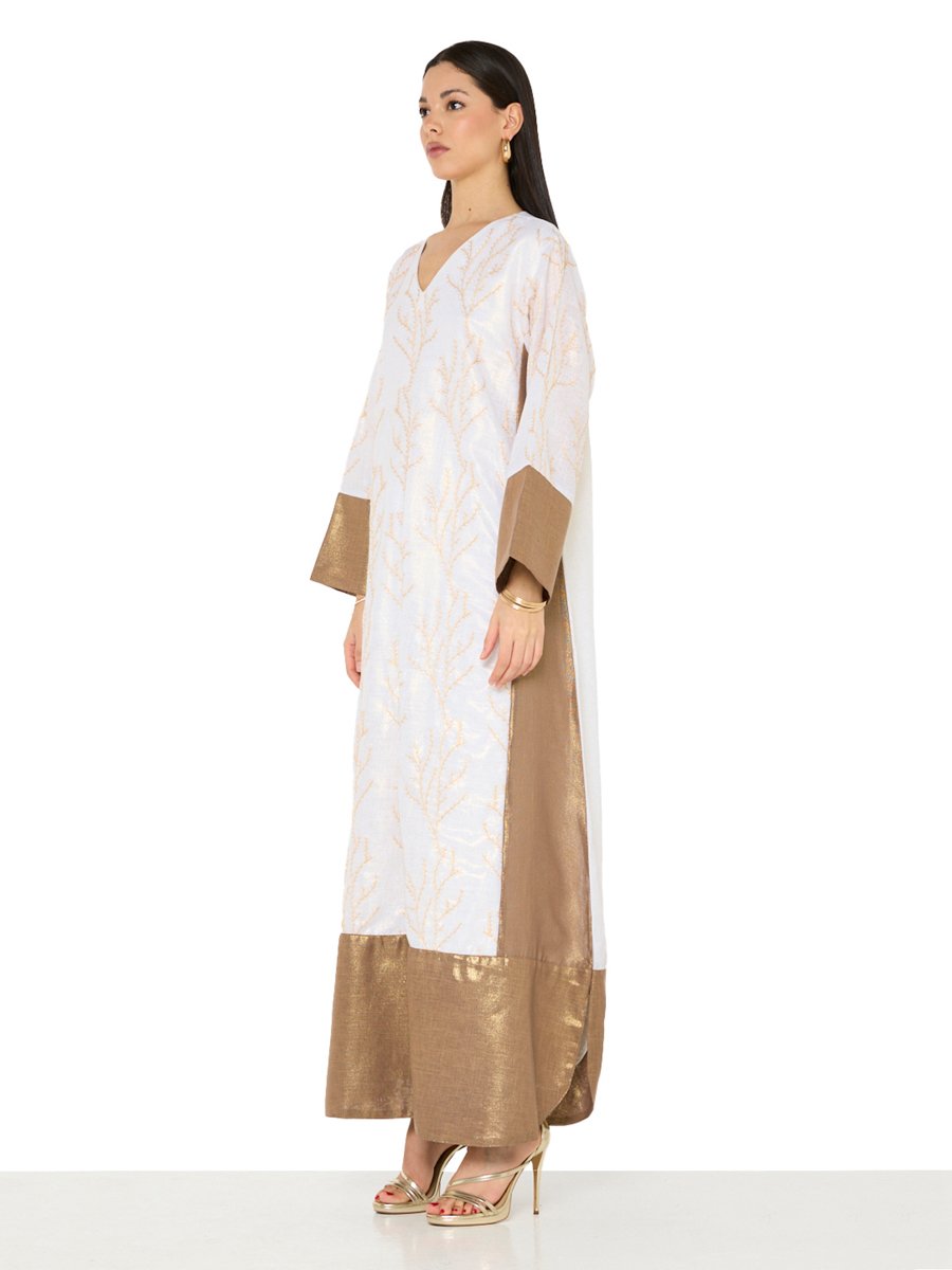Beige A-Line Maxi Jalabiya with Golden Embroidery