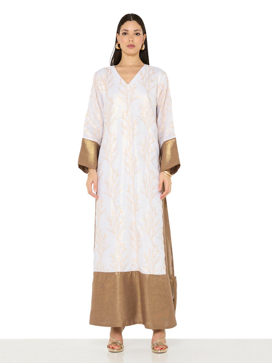 Beige A-Line Maxi Jalabiya with Golden Embroidery