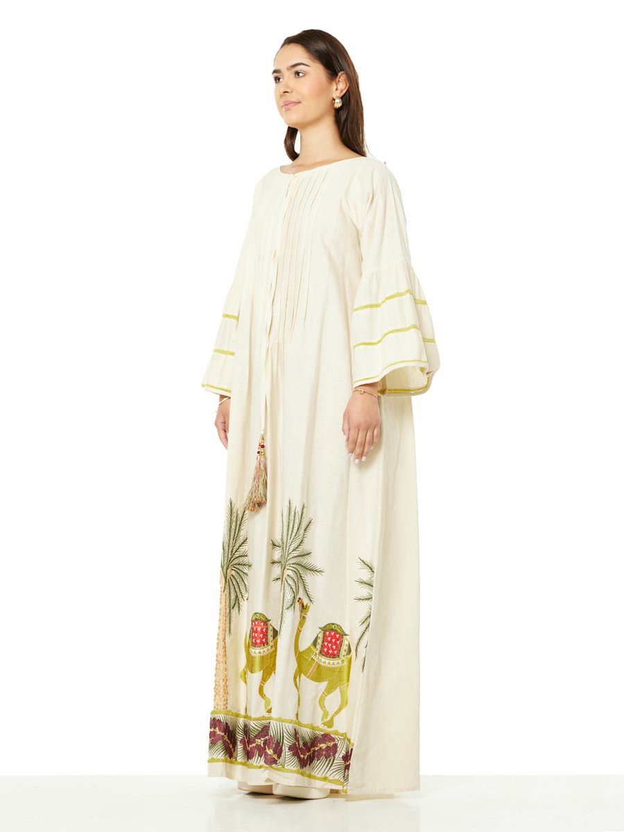 Beige A-Line Maxi Jalabiya with Desert Motifa