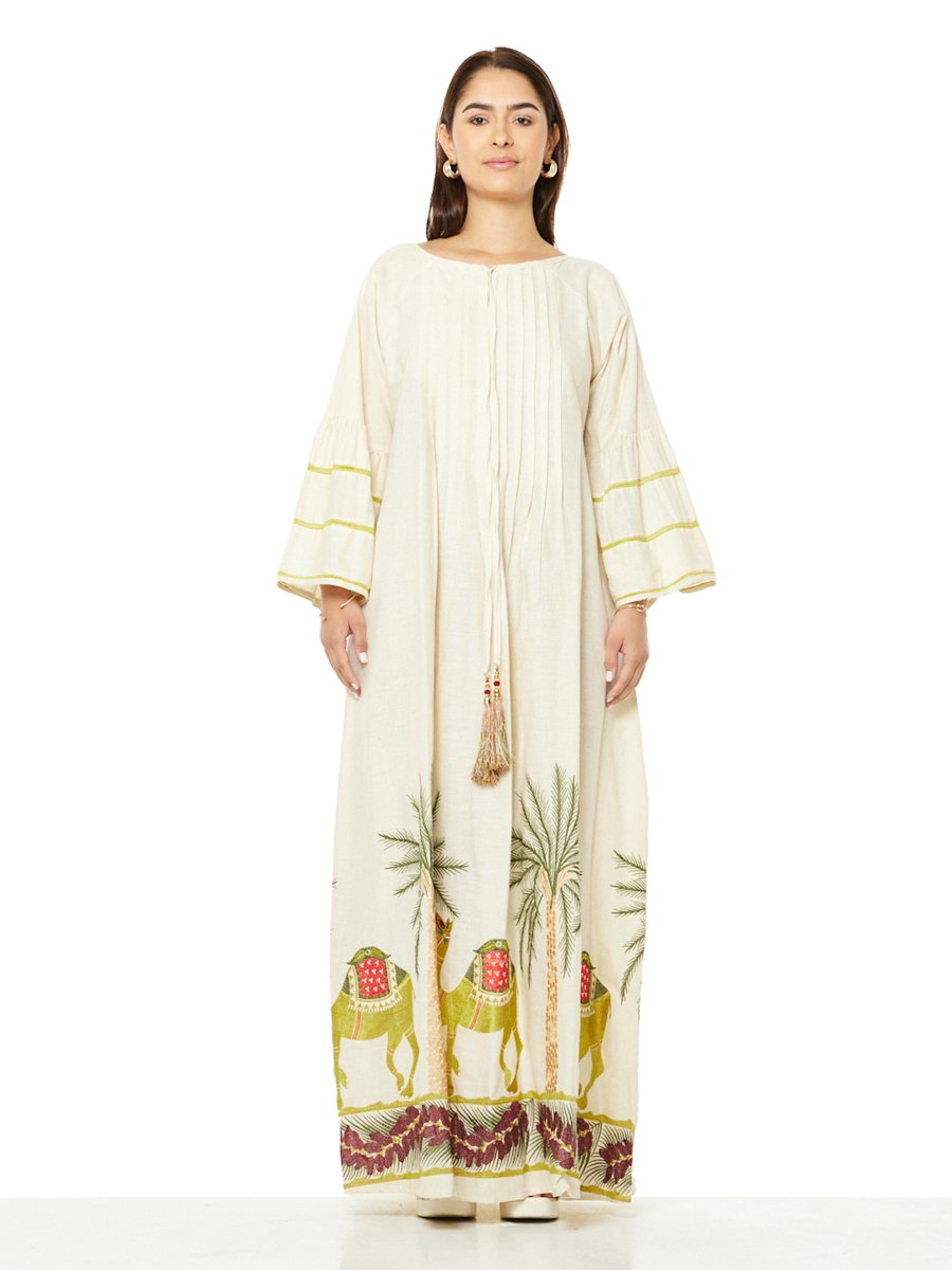 Beige A-Line Maxi Jalabiya with Desert Motifa
