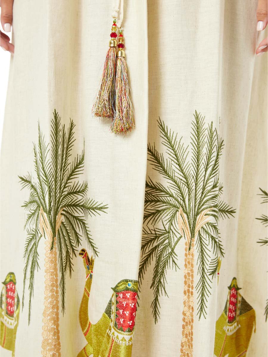 Beige A-Line Maxi Jalabiya with Desert Motifa