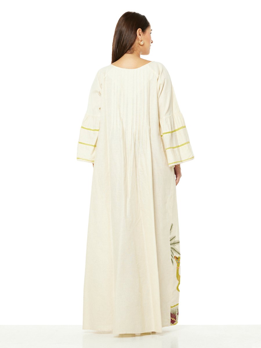 Beige A-Line Maxi Jalabiya with Desert Motifa