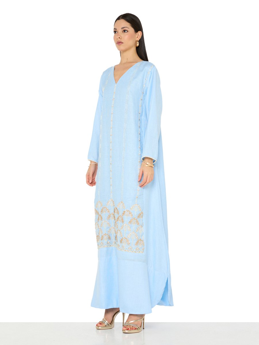 Light Blue A-Line Maxi Jalabiya with Golden Embroidery