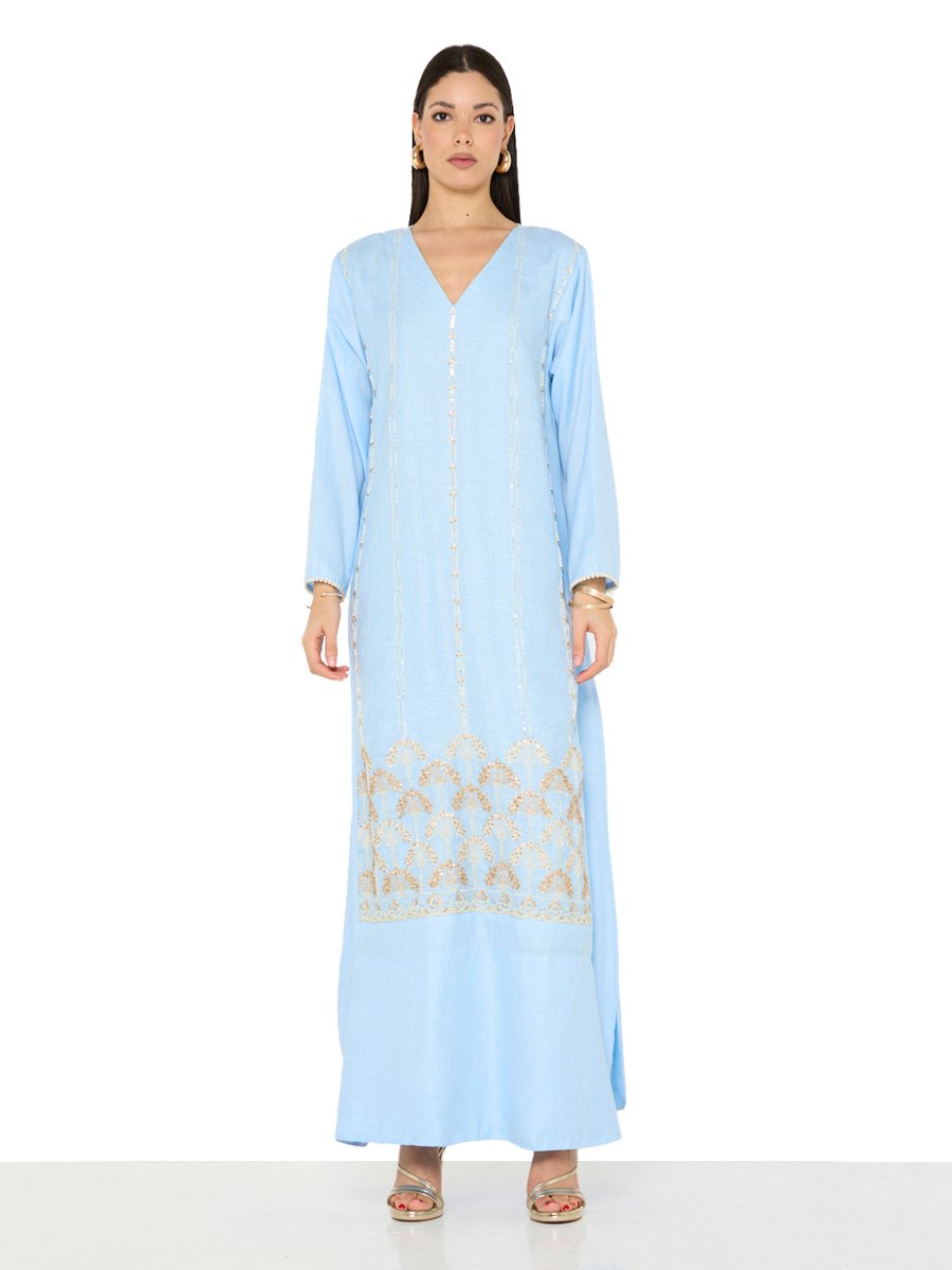 Light Blue A-Line Maxi Jalabiya with Golden Embroidery