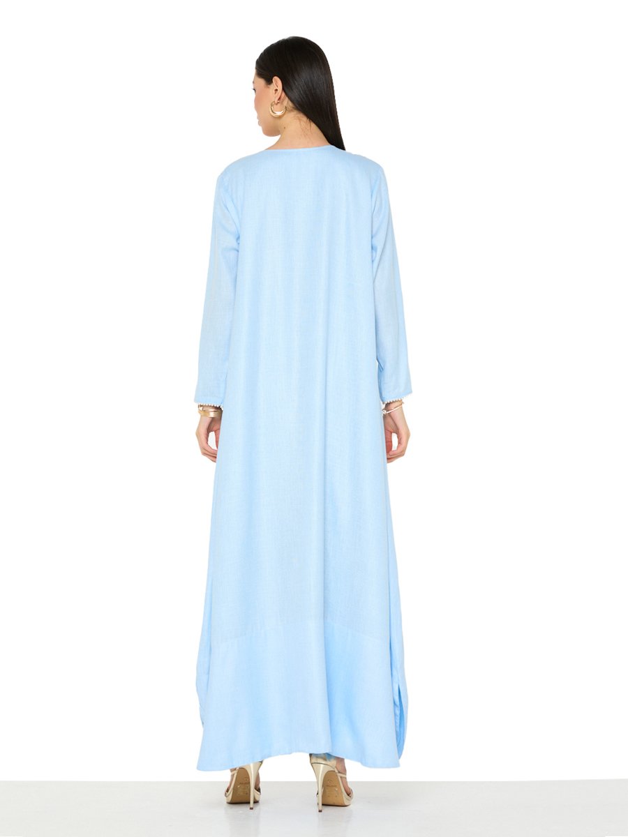 Light Blue A-Line Maxi Jalabiya with Golden Embroidery