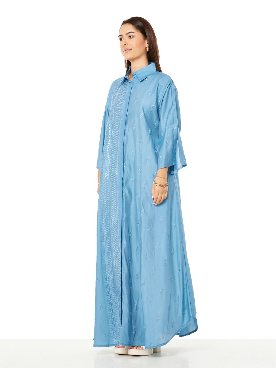 Blue A-Line Maxi Jalabiya with Embroidered Panel