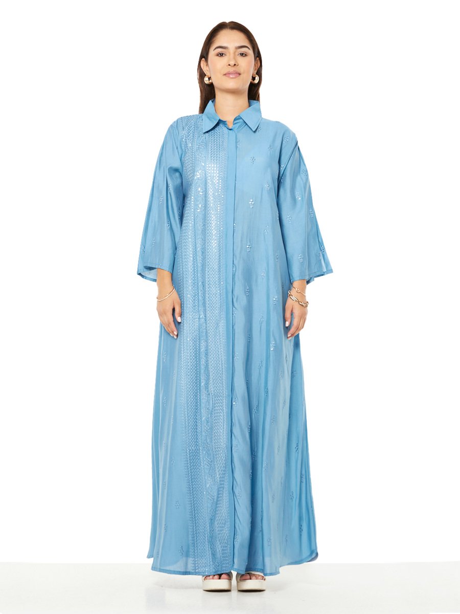 Blue A-Line Maxi Jalabiya with Embroidered Panel