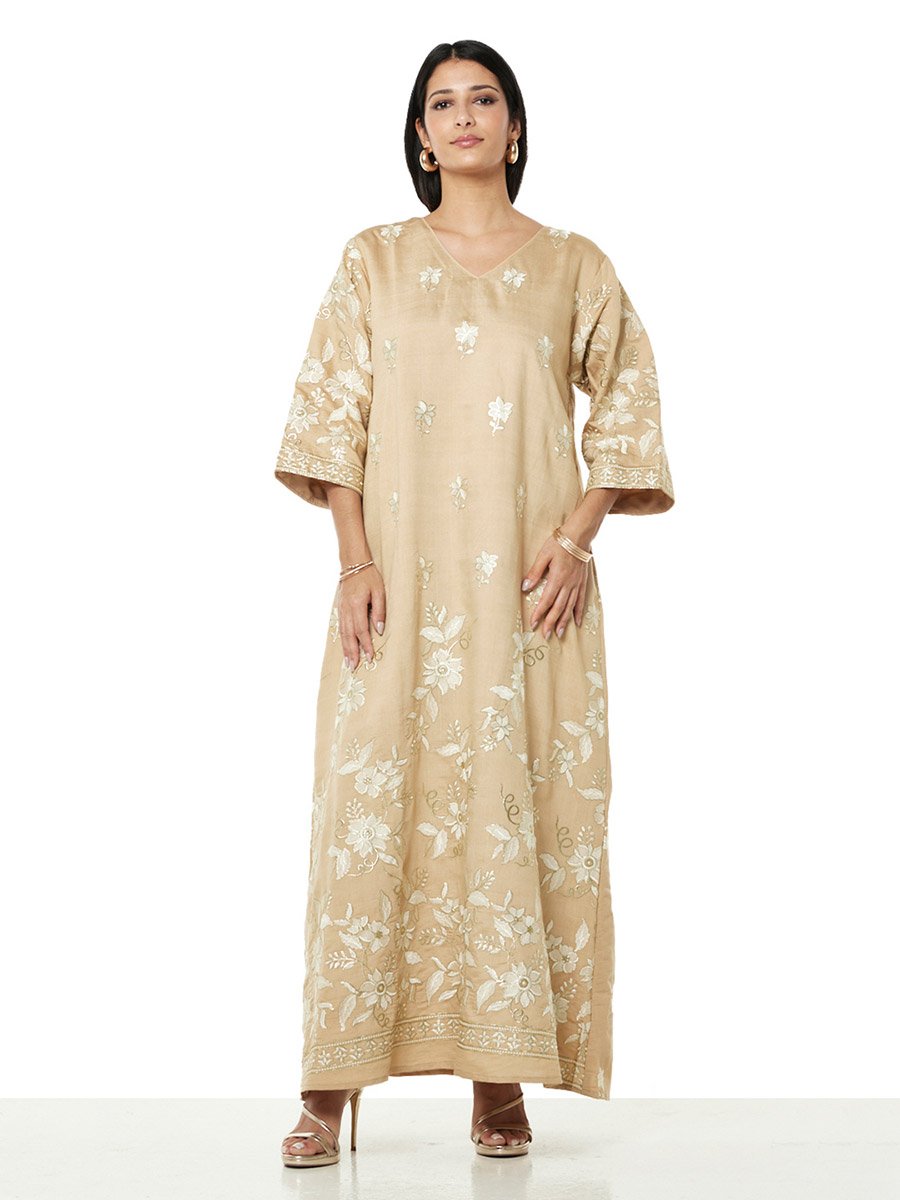 Beige Floral Embroidered Maxi Jalabiya