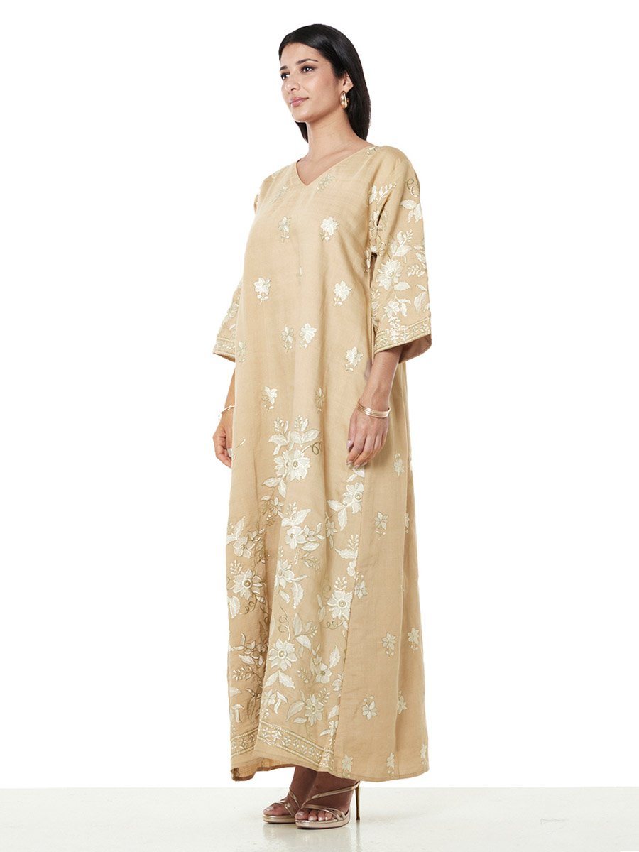 Beige Floral Embroidered Maxi Jalabiya